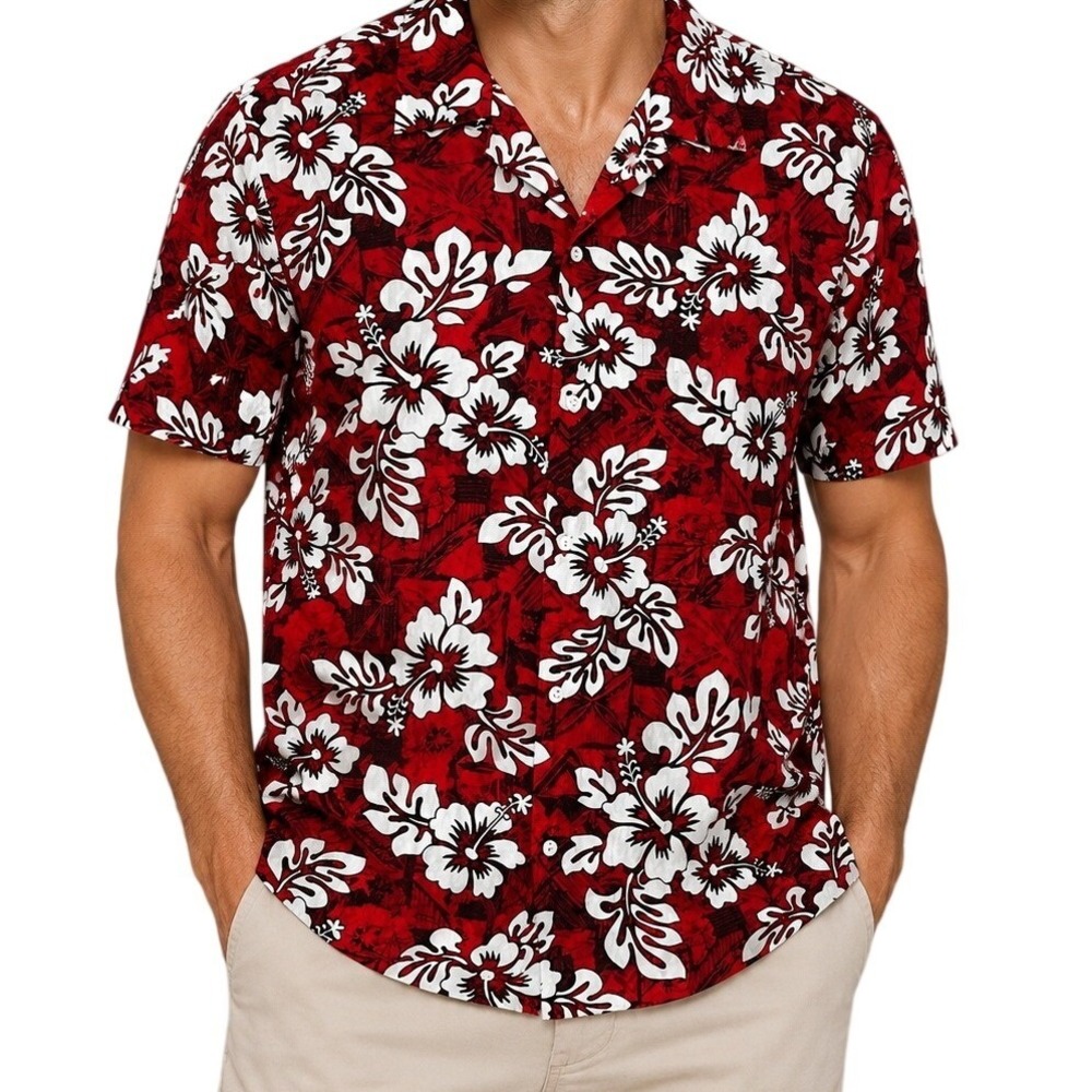 RJC Red White Hibiscus Floral Hawaiian Shirt Men's Large